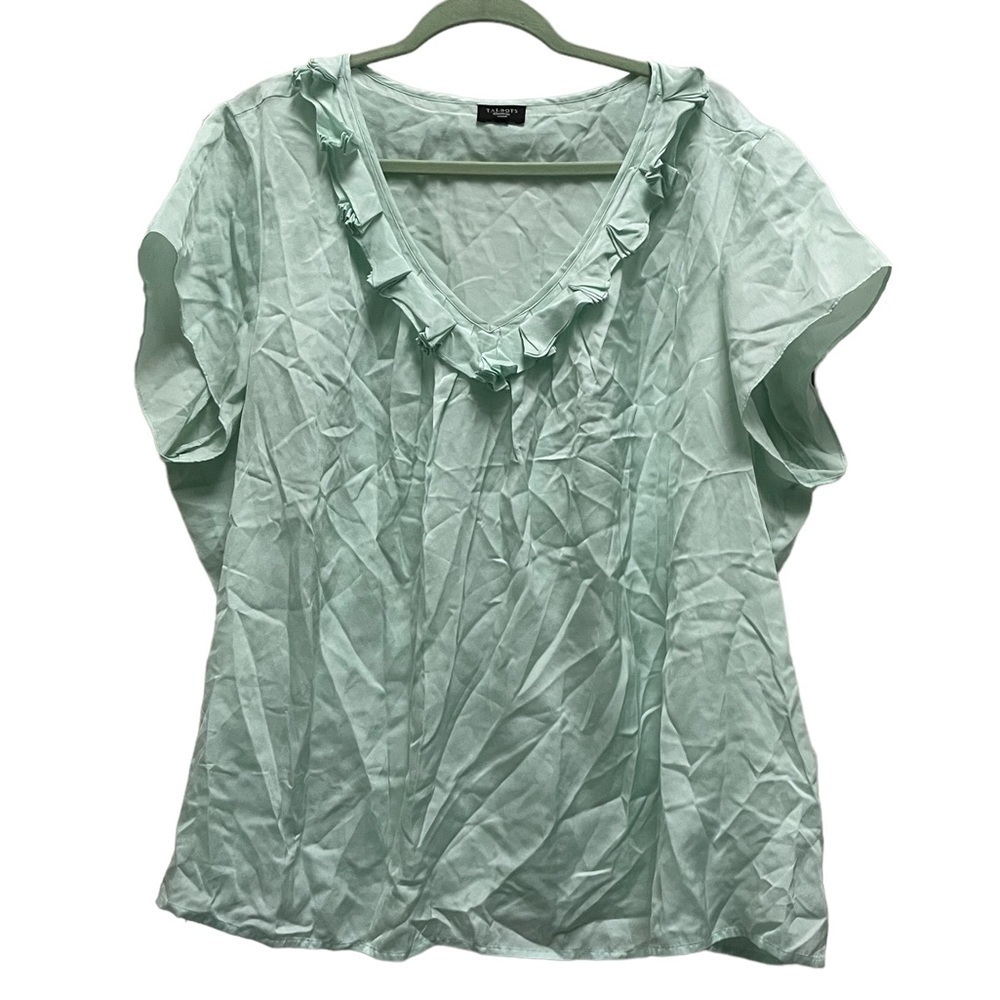 TALBOTS SEAFOAM GREEN SILK BLEND RUFFLE BLOUSE